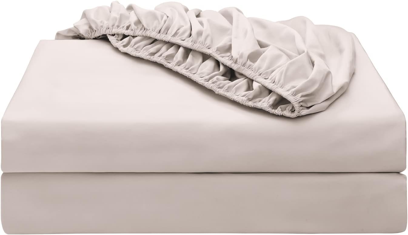 5140Km1S14L._AC_SL1500_.jpg 2-Pack Pure Cotton XL Fitted Sheet for Adjustable Bed Split King, 600 TC 16" Deep Pocket Egyptian Cotton Fitted Sheet (2pcs, XL, Light Beige) - Image 1