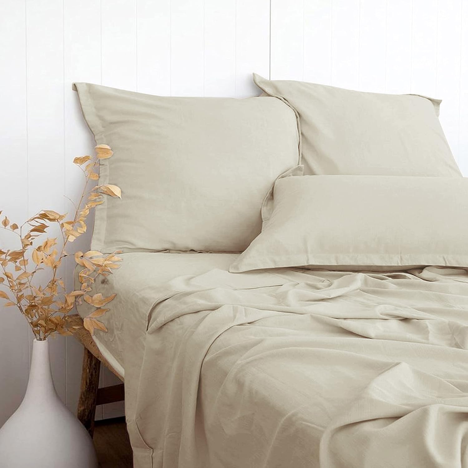 61wRq0DKt7S._AC_SL1500_.jpg Beige Linen-Textured Bed Sheets Set, Bamboo Rayon, Cotton, Linen Blend Bed Sheets Queen Size, Soft Cool & Breathable for Hot Sleepers,Durable Natural Organic Bed 15'' Deep Pocket - 4 Piece - Image 1