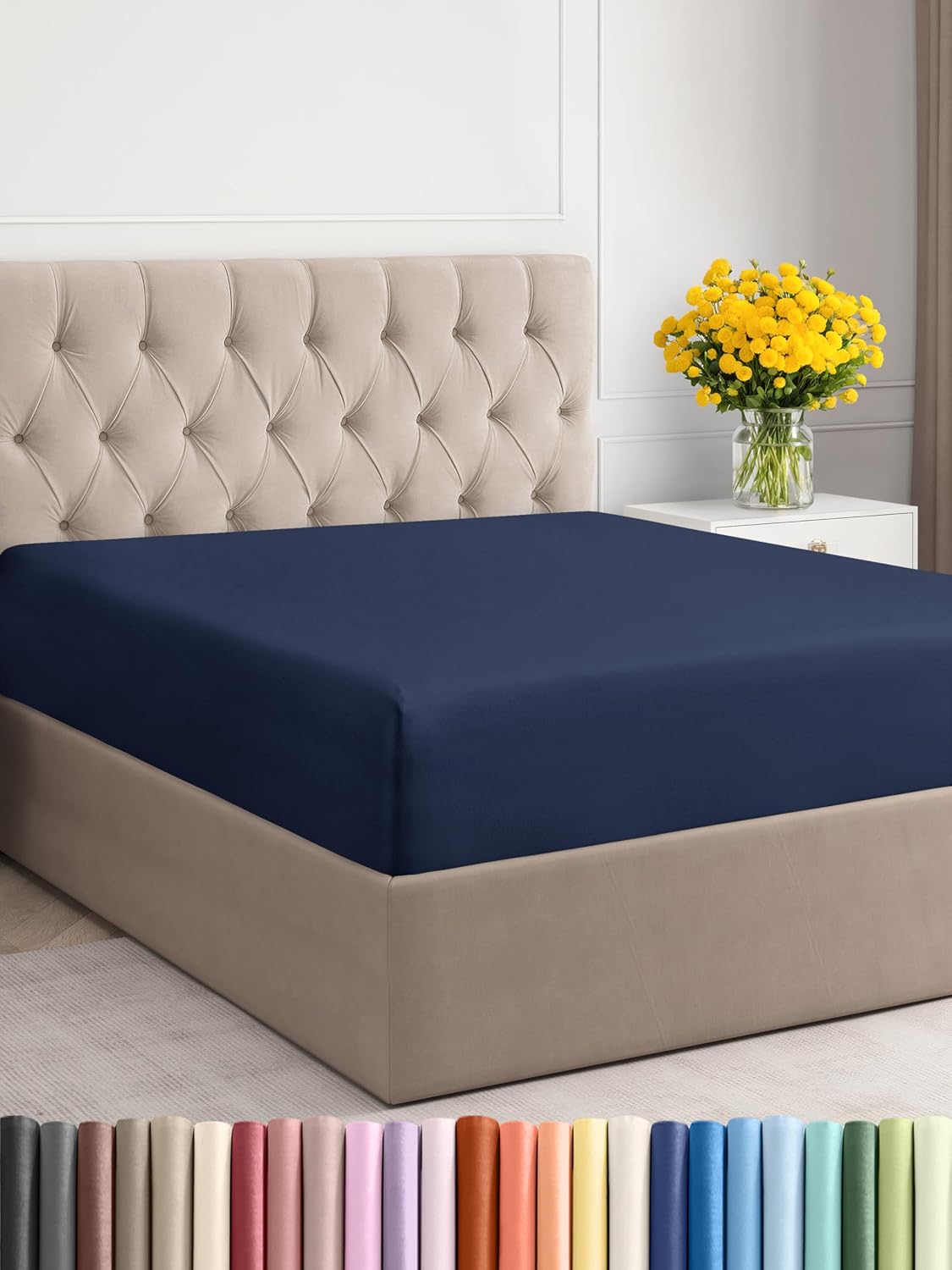 71171UQaZ6L._AC_SL1500_.jpg Full Size Fitted Bed Sheet - Hotel Luxury Single Fitted Sheet Only - Fits Mattress Up to 16 - Extra Soft, Wrinkle Free, Breathable & Cooling - Bottom Fitted Sheet - Navy Blue Single Fitted Sheet Only - Image 1