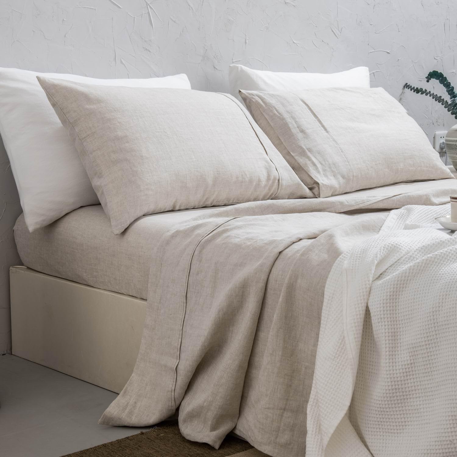 711PM7SXnoL._AC_SL1500_.jpg 100% Washed Linen Sheet Set-Queen Size-Natural Linen-4 Pieces (1 Flat Sheet, 1 Fitted Sheet & 2 Pillowcases), 16" Deep Pocket, Breathable,Ultra Soft and Durable - Image 1
