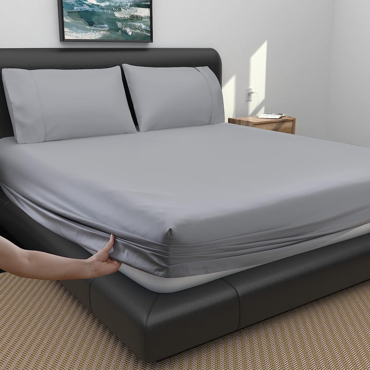 71K2Hnt4SwL._AC_SL1500_.jpg 100% Cotton Fitted Sheet, 18" Deep Pocket & 600 Thread Count Breathable Bottom Sheet (1 Fitted Sheet Only, Gray, King) - Image 1
