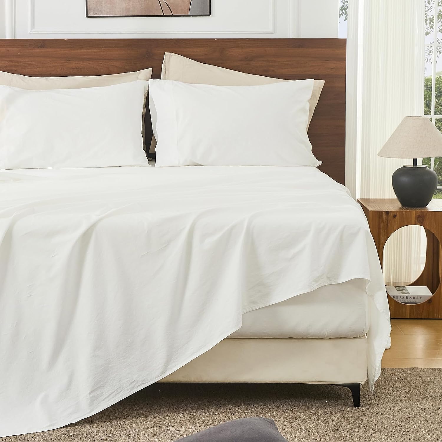 71OUSb6jqeL._AC_SL1500_.jpg 100% Linen Sheets King Size 18-24”Extra Deep Pocket 4-Piece Set Breathable & Moisture-Wicking,Soft & Durable Sheets for Thick Mattresses(White) - Image 1