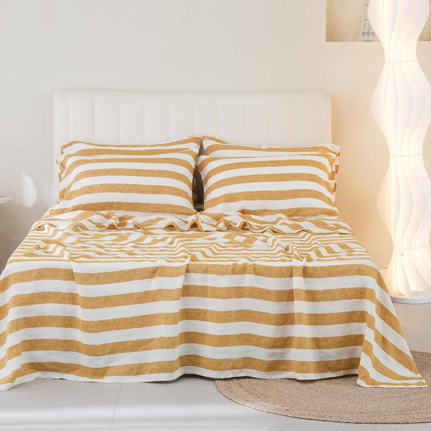71PFWbM2r2L._AC_SL1500_.jpg 100% Organic Linen Sheets Set Queen Size 4pcs,Yellow Stripe Yarn Dyed Pattern Farmhouse Bedding Set, Natural Stone Washed Flax Bed Sheets - Image 1