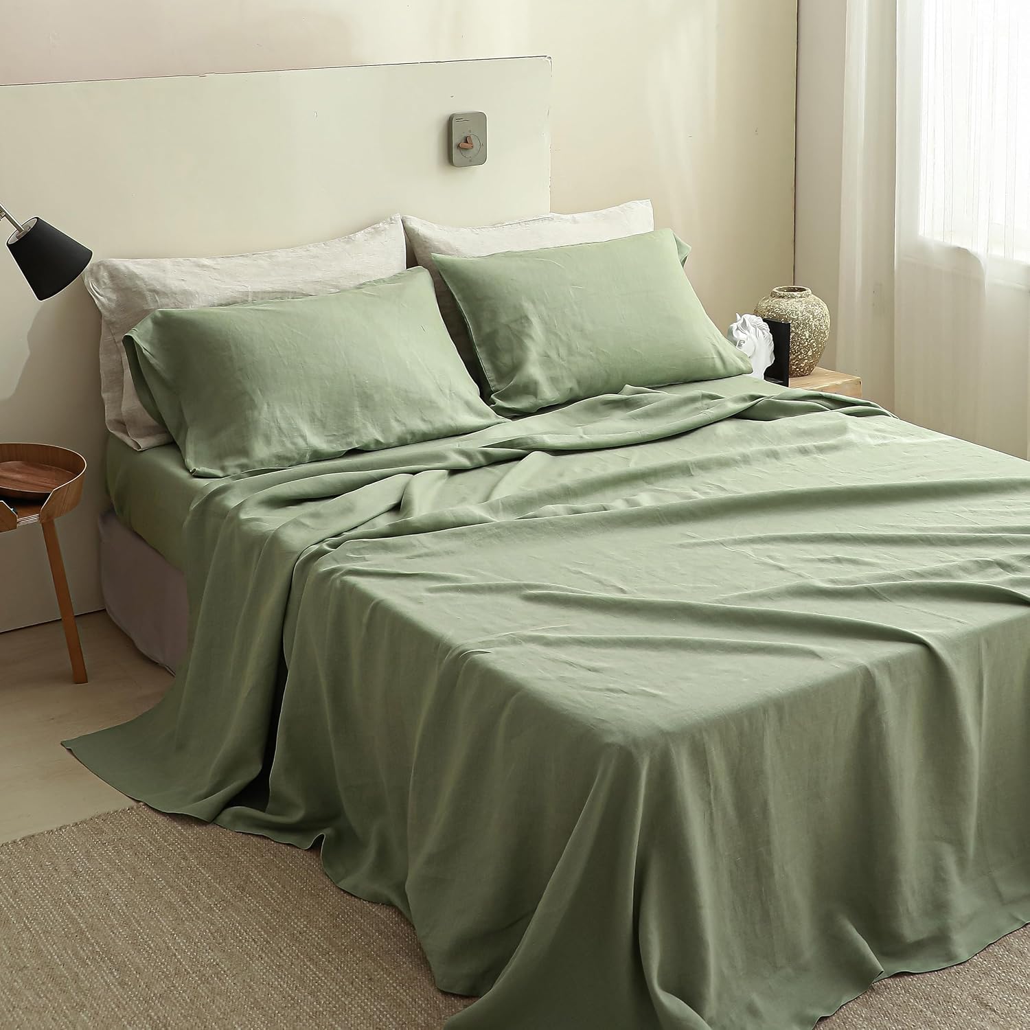 81ecZ6ra-mL._AC_SL1500_.jpg 100% Linen Sheets Queen Size Set, 4 Pcs Natural Linen Bed Sheets, Breathable Soft Durable Bedding Set for All Season (Sage Green, Queen) - Image 1