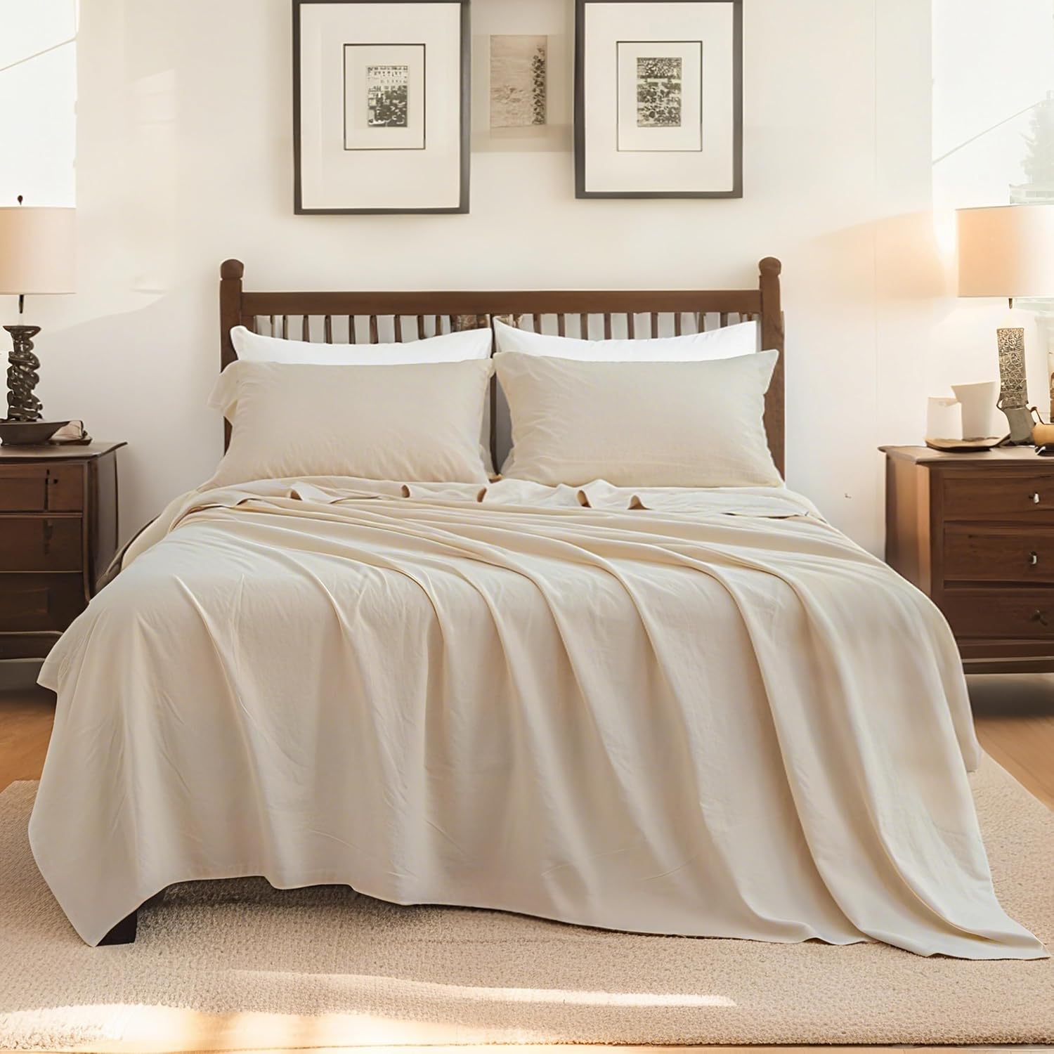 81wG3aSJH4L._AC_SL1500_.jpg Linen Cotton Sheet Set 4-Piece (1 Flat Sheet, 1 Fitted Sheet & 2 Pillowcases) - Soft, Breathable & Cozy Farmhouse Bedding for Hot Sleepers, Natural Flax Blend - King Size, Linen - Image 1