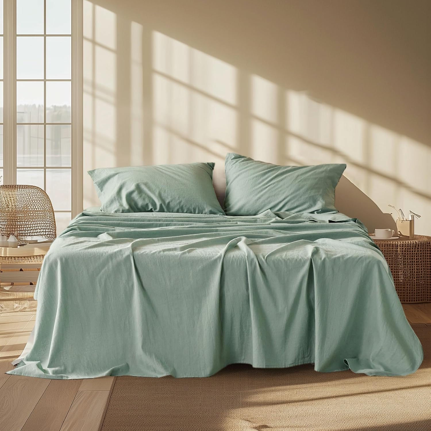 915pwSNpAmL._AC_SL1500_.jpg Linen Sheets - Queen Size Bed, Blend from Linen Cotton Bedsheets, Breathable Cotton Bedsheets, Gifts for All Seasons, 4 Pieces, Green - Image 1