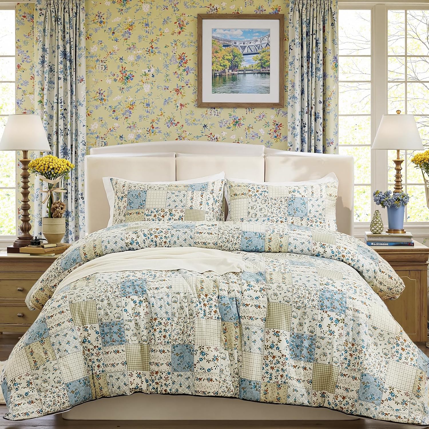 91dB98XcdL._AC_SL1500_.jpg Blue Plant Pattern Pure Cotton Duvet Cover Set (3-Piece) - Image 1